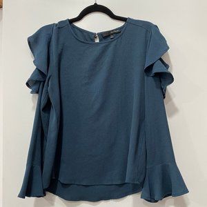 Cold-shoulder long ruffle sleeve dark teal Harve Benard blouse, Size S, GUC